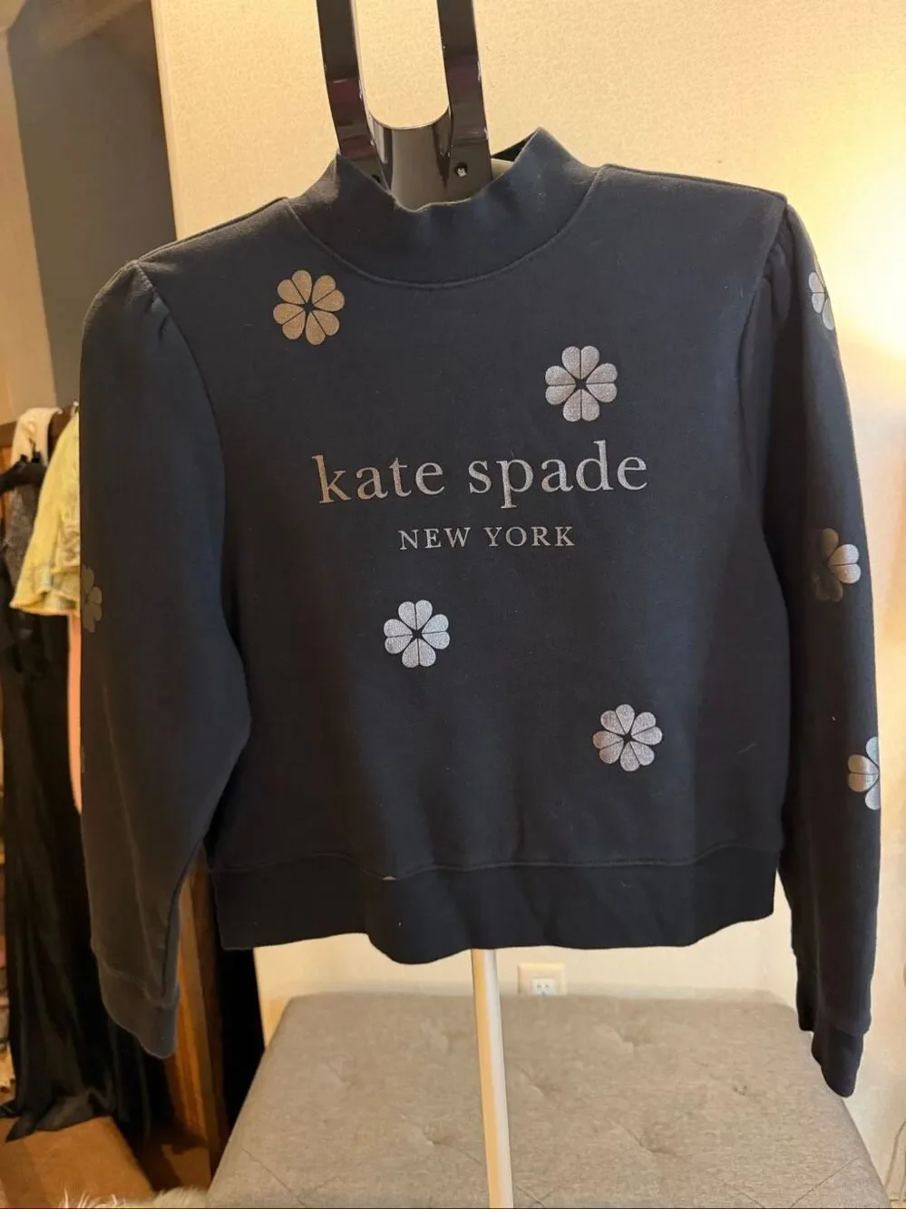 Kate Spade, New York flower sweatshirt, black with metallic silver flowers in si
